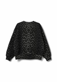 Svart leopardmönstrad sweatshirt med avslappnad passform, rund halsringning och ribbade cuffs vid ärmar och nederkant. Mjuk struktur, stort tryckmönster.