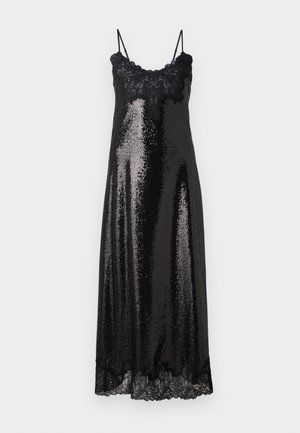 Vestido negro de lentejuelas con tirantes finos, que cuenta con un acabado de encaje en el escote y el dobladillo inferior. Textura suave y reflectante. Diseño de longitud media.