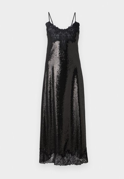 Vestido preto de lantejoulas com alças finas, apresentando um acabamento de renda na gola e na bainha inferior. Textura lisa e refletiva. Design de comprimento médio.