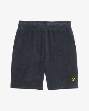 Shorts en éponge gris foncé avec taille élastique, poches latérales et petit logo oiseau jaune brodé sur la jambe inférieure gauche.