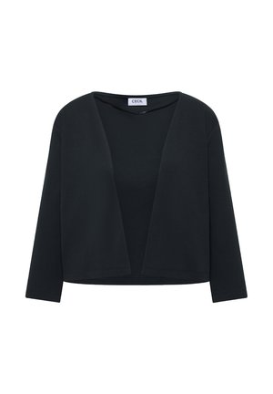 Černý krátký kardigan s otevřeným předním dílem, dlouhými rukávy a kulatým výstřihem, s nápisem "CECIL" uvnitř límce.