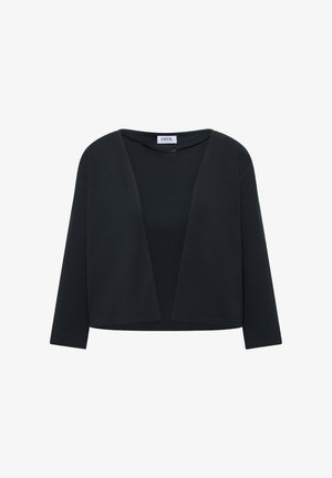 Schwarzer, vorne offener, kurzer Cardigan mit langen Ärmeln und rundem Ausschnitt, mit dem Etikett "CECIL" innen im Kragen.