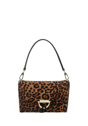 Rectangular handbag with brown and black leopard print, black leather strap, and gold-tone metal clasp with a small black tassel.