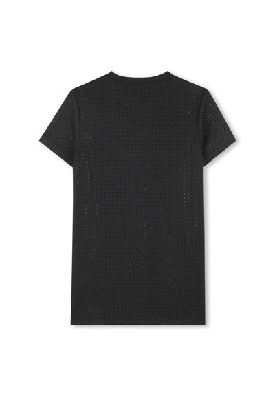 Zwarte T-shirt met korte mouwen met een gaasontwerp en geperforeerde patronen voor ademend vermogen. Ronde halslijn, zachte textuur en normale pasvorm.