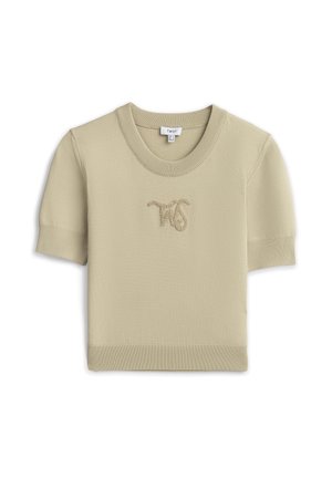 Top beige a maniche corte in maglia con polsini e orlo a coste, caratterizzato da un ricamo testurizzato "WS" sul petto e scollatura rotonda.