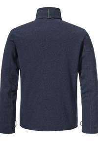 Marineblaue Fleecejacke mit hohem Kragen. Verfügt über strukturierter Stoff, lange Ärmel und einen grünen Akzentstich am Kragen.