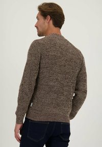 Gebreid vest in een bruin en crème visgraatpatroon, met lange mouwen en een ronde halslijn, zichtbare naden en ribgebreide manchetten.