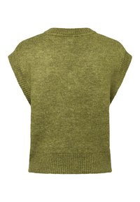 Übergroßer olivgrüner Strickpullover mit geripptem Saum und Ausschnitt. Weiche Textur, Fledermausärmeln und ohne sichtbare Verschlüsse oder Muster.
