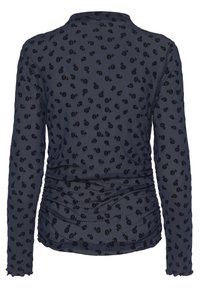 Langarmige marineblauwe blouse met een geavanceerd bloemenpatroon, voorzien van geplooide zijkanten en een ronde halslijn. Lichtgewicht, getailleerde stof.