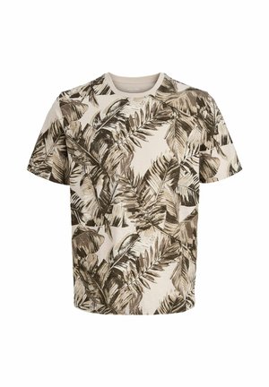 Beige short-sleeve T-shirt with a dark brown tropical leaf pattern covering the entire fabric.