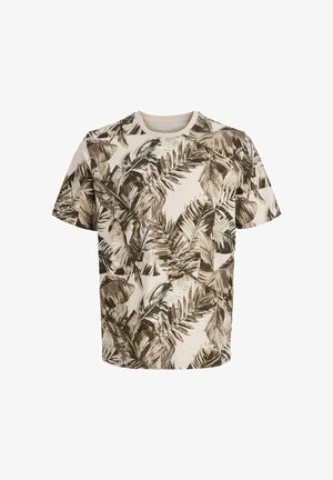 Beež lühikeste varrukatega T-särk, millel on tumepruun troopiliste lehtede muster, mis katab kogu kangast.