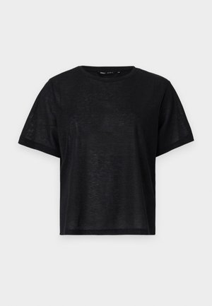 T-shirt noir à manches courtes avec une coupe décontractée, présentant une texture lisse et un col rond. Tissu léger avec un subtil éclat.