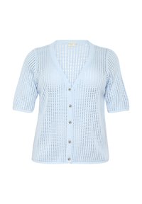 Cardigan bleu clair à manches courtes avec un col en V, texture tricotée, motif ouvert et fermeture à boutons avec des boutons argentés brillants.