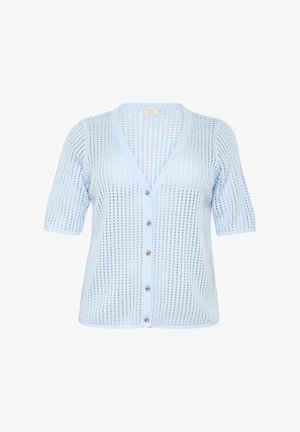 Svijetloplava kratkotrajna kardigana s kratkim rukavima, v-izrezom, pletenom teksturom, otvorenim uzorkom i kopčanjem na gumbe koje uključuje sjajne srebrne gumbe.