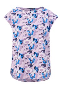 Top a maniche corte floreale di colore lilla chiaro con motivi blu e viola scuro. Texture morbida, vestibilità comoda, scollatura rotonda e orlo curvo.