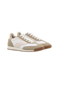 Beige and white sneakers made of suede and leather, featuring a rubber sole, white laces, and a textured design on the side.