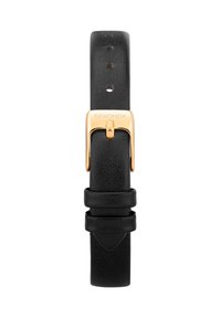 Bracelet de montre en cuir noir avec une boucle en doré gravée "SEKONDA", surface texturée et plusieurs trous d'ajustement.