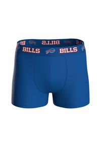 Blue boxer briefs with a fitted design, featuring a wide striped waistband in blue, red, and white that displays "BILLS" and logo accents.