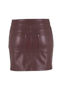 Burgunderrote Leder-Minirock mit zwei aufgesetzten Taschen auf der Rückseite, glatter Textur und sichtbaren Nähten entlang des Bunds und der Nähte.