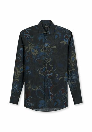 Langarmhemd aus dunklem Stoff mit floralem Muster in Blau-, Grün- und Burgunderakzenten; klassischer Kragen und Knopfleiste.