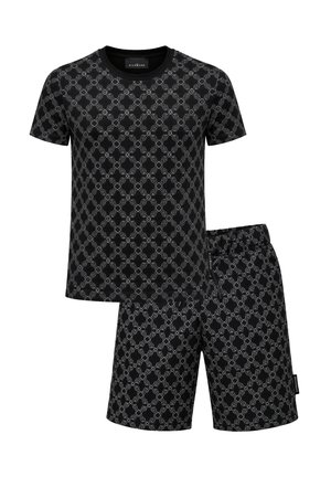 Completo con camicia nera a maniche corte e pantaloncini con motivo a catena intrecciata grigio chiaro su tutto il tessuto, vita elasticizzata nei pantaloncini.