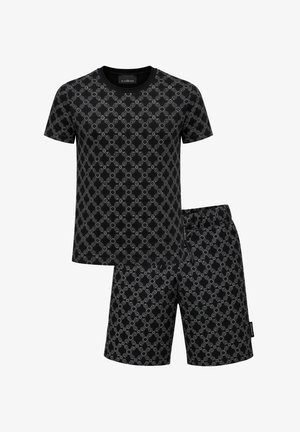 Completo con camicia nera a maniche corte e pantaloncini con motivo a catena intrecciata grigio chiaro su tutto il tessuto, vita elasticizzata nei pantaloncini.