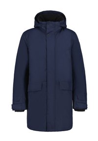Parka imbottita blu navy con cappuccio, dotata di due tasche anteriori, chiusura a scatto e un morbido rivestimento nero.