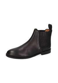 Bottine en cuir noir avec finition texturée, panneaux latéraux élastiques et languette à l'arrière. Semelle plate et branding discret sur le côté.