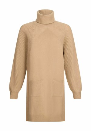 Beige gebreide coltrui met ribbeltextuur, lange mouwen en twee voorzakken. Relaxte pasvorm met zijsplitten aan de zoom.