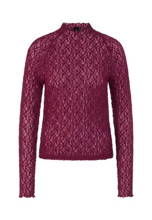 Bordeauxrotes Langarmshirt aus einem strukturierten, spitzenähnlichen Strick. Es verfügt über einen hohen Ausschnitt und enganliegende Ärmel sowie ein durchgängiges offenes Strickmuster.