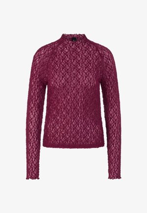 Bordeauxrotes Langarmshirt aus einem strukturierten, spitzenähnlichen Strick. Es verfügt über einen hohen Ausschnitt und enganliegende Ärmel sowie ein durchgängiges offenes Strickmuster.