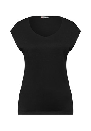 Haut noir pour femmes à manches courtes avec col en V et coupe slim de la marque Street One, présenté sur un fond blanc uni.