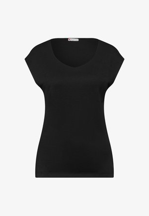 Schwarzes Damenoberteil mit kurzen Ärmeln, V-Ausschnitt und schlanker Passform von der Marke Street One, dargestellt vor weißem Hintergrund.