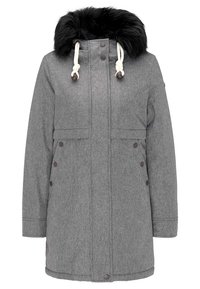 Parka grise en mélange de laine avec une capuche doublée de fausse fourrure, des cordons de serrage, des boutons sur le devant et deux poches latérales. Caractérisée par une coupe droite et un tissu texturé.