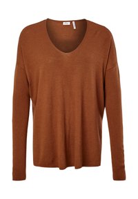 Haut marron à manches longues en maille, avec un col en V et une coupe décontractée. Texture douce avec des détails minimaux. Idéal pour une tenue décontractée.