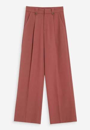 Pantalon taille haute à jambes larges de couleur rose pâle avec plis, poches latérales et pattes avec boutons à la taille.