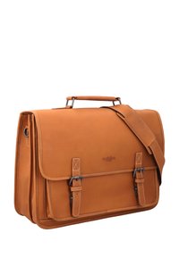 Tan leather briefcase with double buckle closure, top handle, and adjustable shoulder strap on a white background.