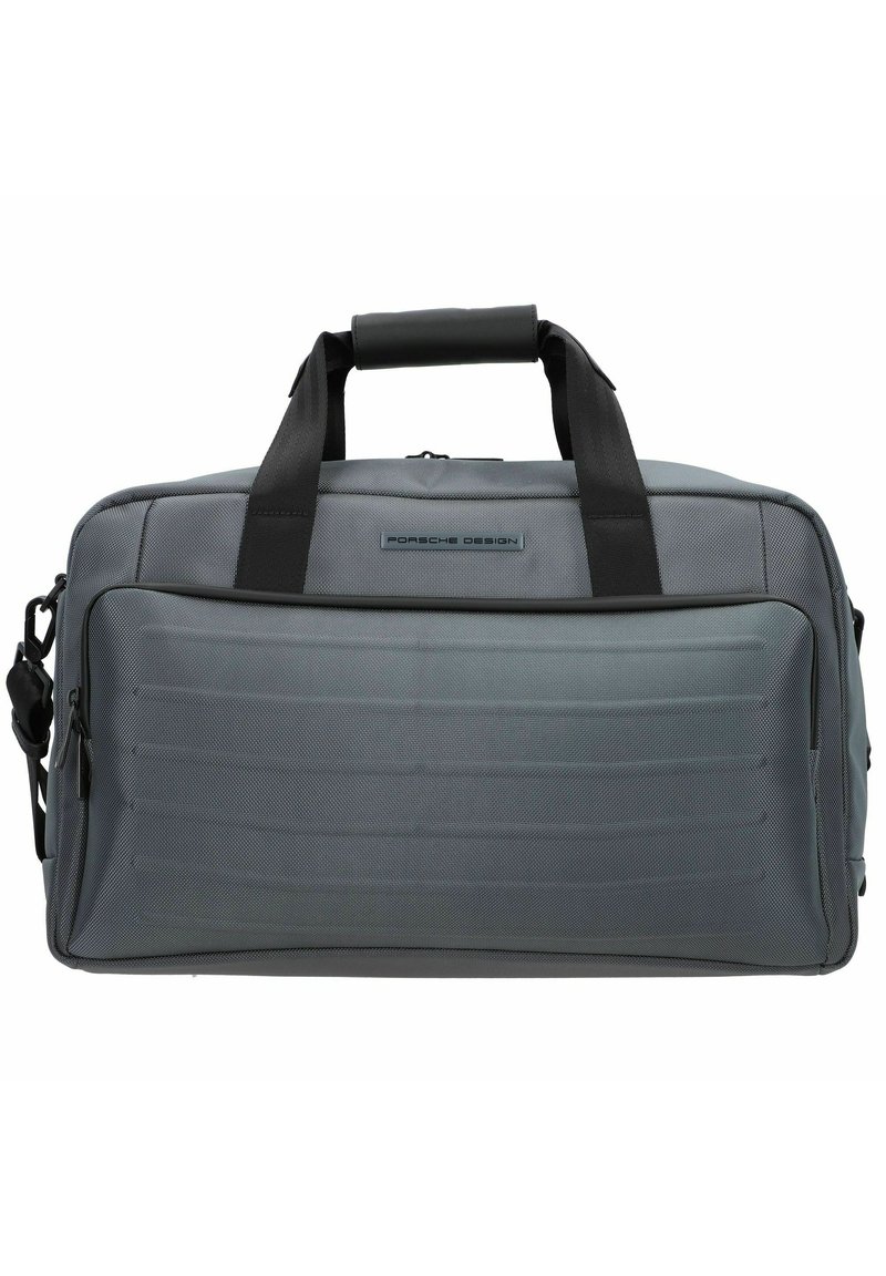 Szary torba sportowa wykonana z teksturowanego nylonu, z podwójnymi uchwytami, regulowanym paskiem na ramię i zamykaną główną komorą. Zawiera szczegóły z logo.