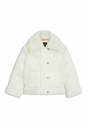 Weiße, kurz geschnittene Pufferjacke mit einem flauschigen Kragen und Bündchen, ausgestattet mit einem Druckknopfverschluss und großen Fronttaschen. Weicher, strukturierten Stoff.