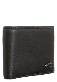 Sort læderpung med en struktureret overflade, bi-fold design, grå syninger og en sølvlogoaccent i nederste højre hjørne.
