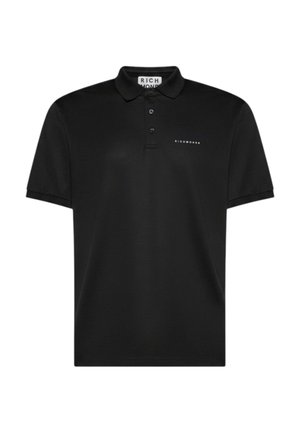 Polo nera a maniche corte con tre bottoni sul davanti e piccolo logo testuale bianco "Richmond" sul petto sinistro.