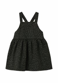 Leopardenmusterkleid aus dunkelgrünem Stoff, mit verstellbaren Trägern, einem gerafften Rock und einer Fronttasche mit Knopfakzenten.