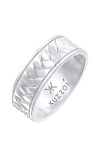 Silver ring med en texturerad, zigzag-mönster på ena sidan och en slät, polerad insida, graverad med "Kuzzoi."