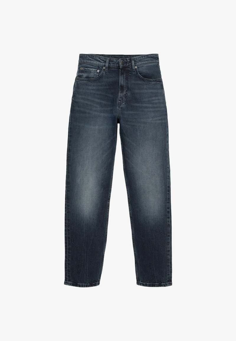 Jean bleu foncé droit avec légère décoloration sur les cuisses, poches avant, passants de ceinture et fermeture par boutons.