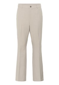 Helle beige Hosen mit geradem Bein, die subtile vertikale Nadelstreifen aufweisen, einen Reißverschluss und einen einzelnen Knopfverschluss haben.