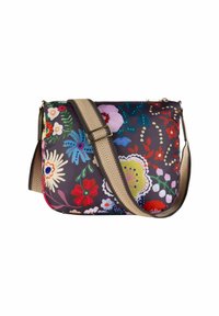 Borsa a tracolla floreale in materiale grigio scuro. Presenta motivi floreali colorati, una chiusura con zip e una tracolla regolabile a righe.