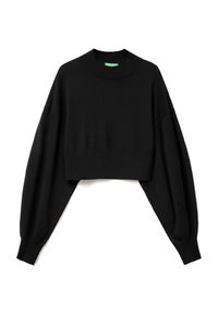 Černý zkrácený svetr s dlouhými, širokými rukávy. Vyroben z měkké pleteniny, má žebrovaný kulatý výstřih a uvolněný střih.