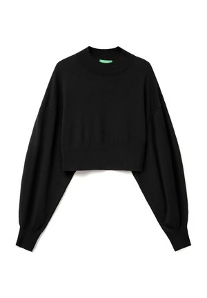 Schwarzer, kürzerer Pullover mit langen, weiten Ärmeln. Hergestellt aus einem weichen Strickstoff, mit einem gerippten Rundhalsausschnitt und einer lockeren Passform.