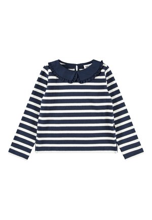 Langærmet navy- og hvidstribet skjorte med mørkeblå flæset Peter Pan-krave.