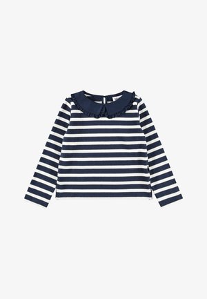 Langærmet navy- og hvidstribet skjorte med mørkeblå flæset Peter Pan-krave.
